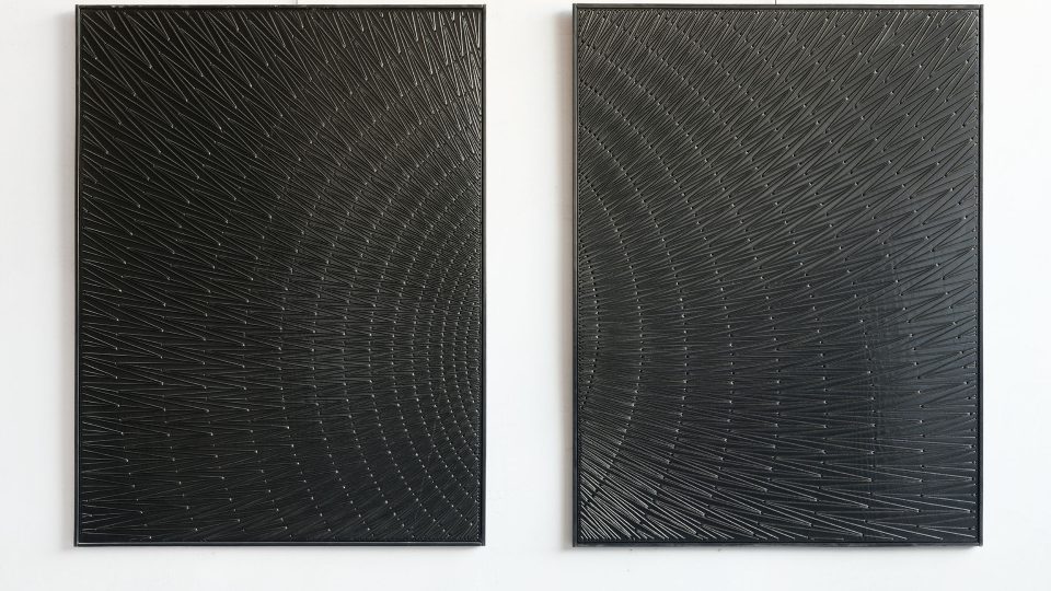 Lubomír Přibyl – Koncentrická a excentrická síť, 1995, černé monochromy, 162 x 122 cm (každý)